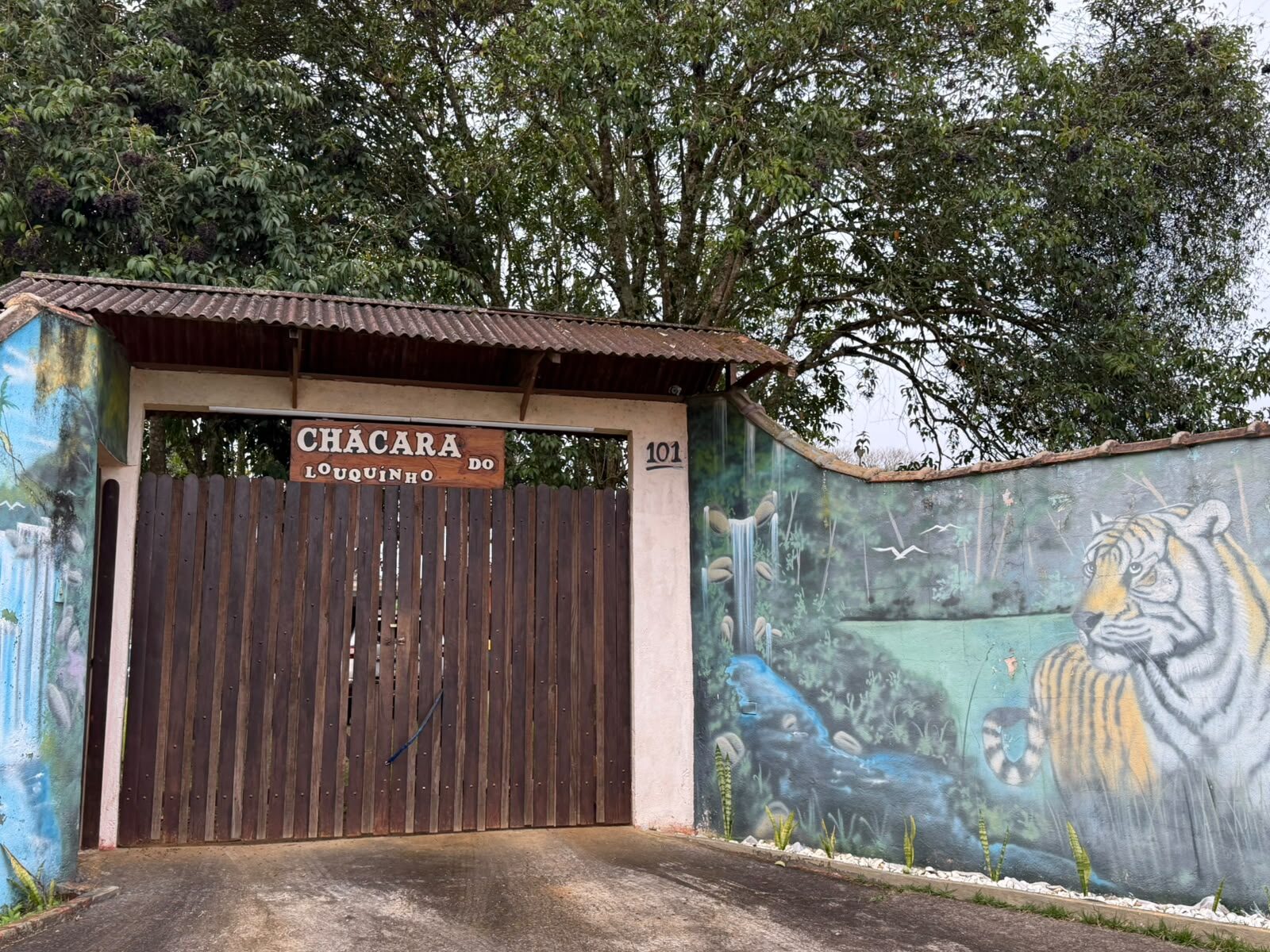 Portão de entrada da chácara com mural de tigre